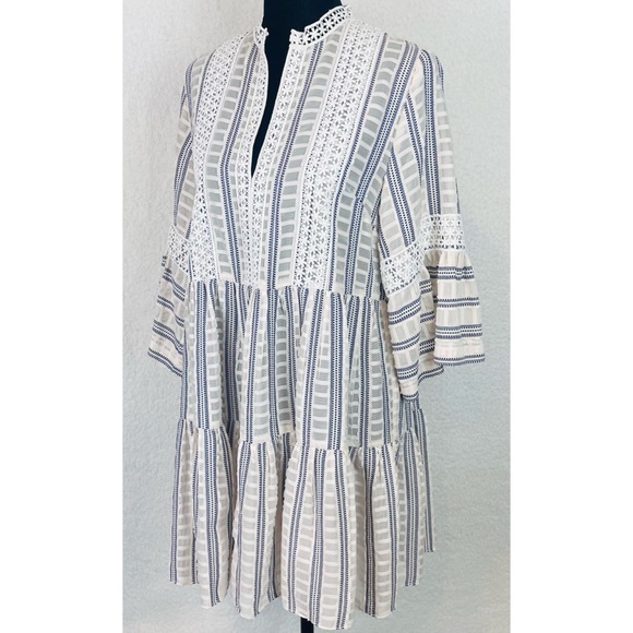 SANDRO • Ecru/White/Navy Stephanie Stripe Boho Lace-Trim Tiered Mini Dress, S - Picture 11 of 16